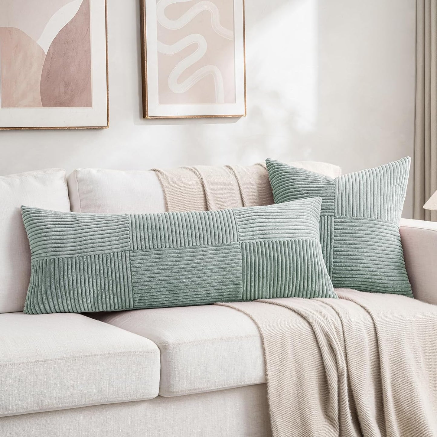 Fancy Homi Set of 2 Grey Blue Boho Long Lumbar Body Decorative Throw Pillow Cover 14x36 Inch for Bed Couch Bedroom Bench, Soft Patchwork Corduroy Textured Pillow Case, Rustic Farmhouse Room Décor