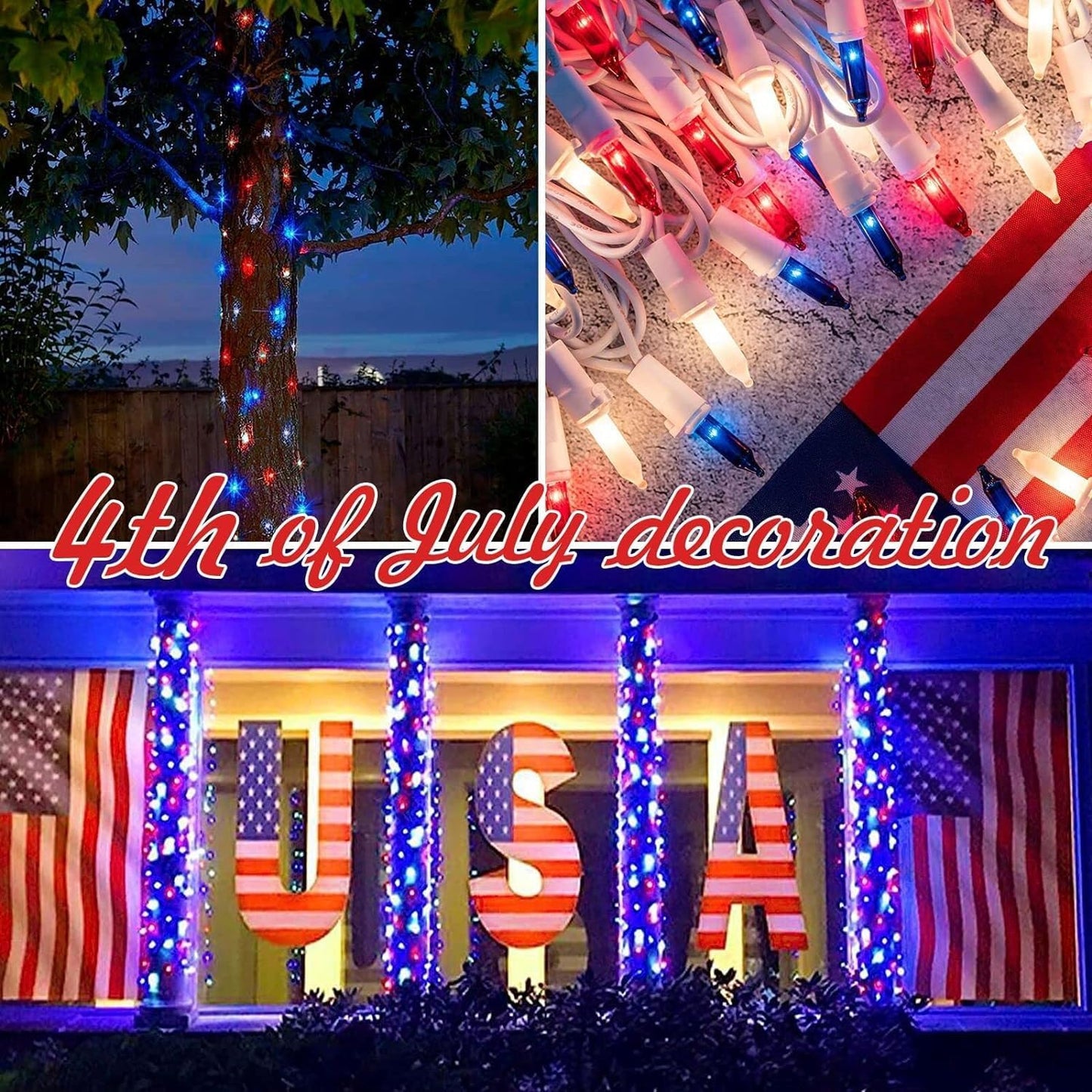 150LIGHTS RED WHITE and BLUE Extra-Bright With End Connectors Christmas Decorative Lights 9.72m UL Certified Mini String Light Set Waterproof for Home Garden Holiday Christmas Tree Party Patio