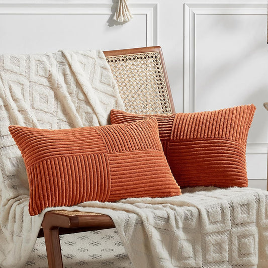 Fancy Homi Set of 2 Burnt Orange Lumbar Decorative Throw Pillow Covers 12x20 Inch for Living Room Couch Bed, Boho Farmhouse Fall Home Decor, Soft Corduroy Corss Patchwork Cushion Case 30x50 cm
