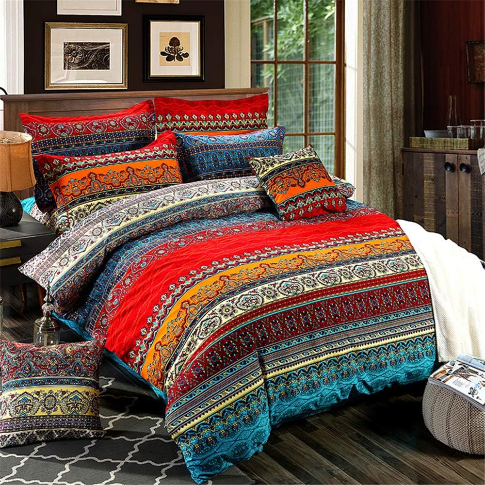 ABREEZE 3Pcs Bohemia Retro Bedding Ethnic Vintage Floral Duvet Cover Boho Bedding 100% Brushed Cotton Bedding Sets Damask Paisley Coloful Mandala Down Comforter Cover,King