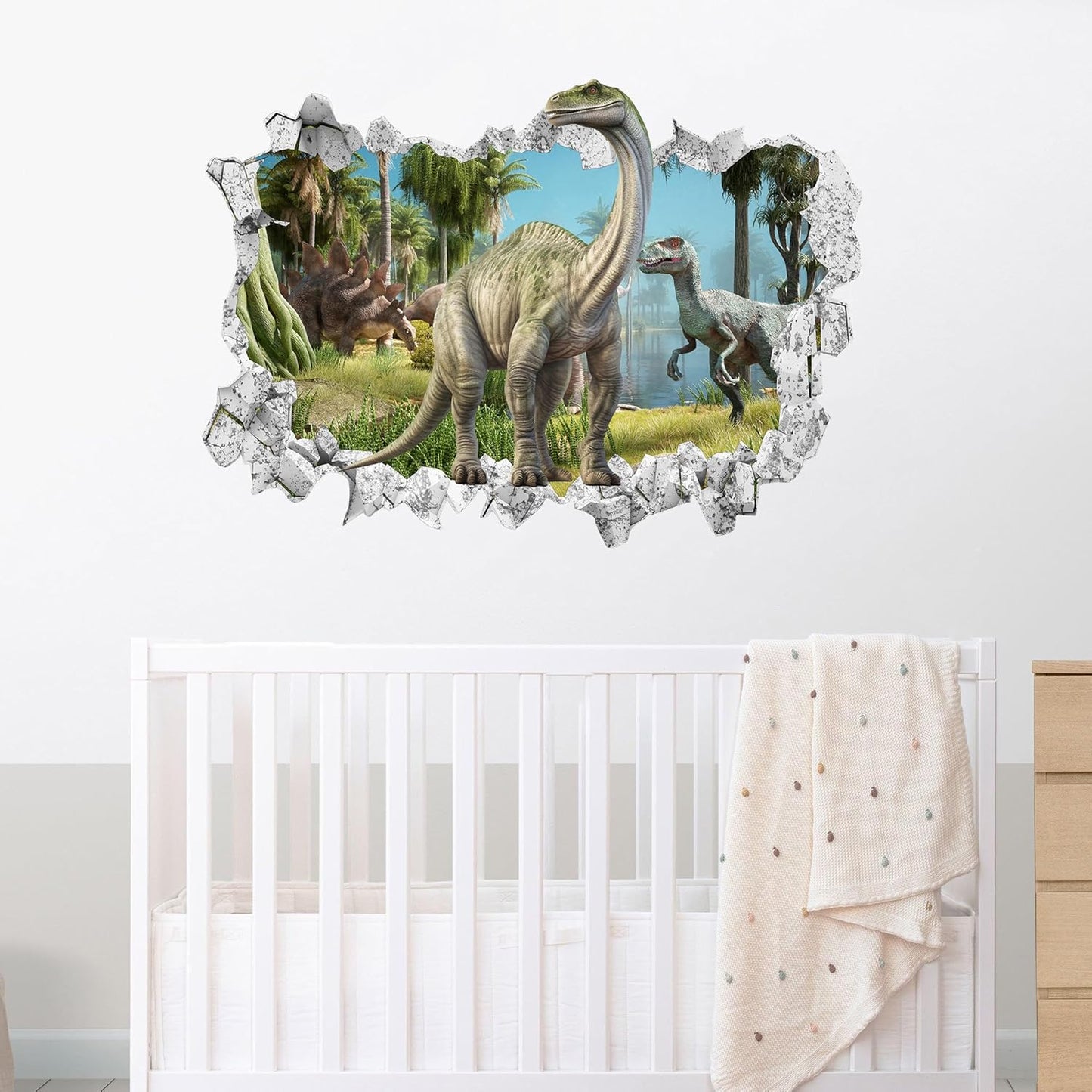 Large 3D Dinosaur Wall Stickers (31.7”x 22.5”), Dino Broken Hole Vinyl Wall Decals, Removable Forest Dinosaur Animal Wall Art for Kids Boys Bedroom Playroom Decor