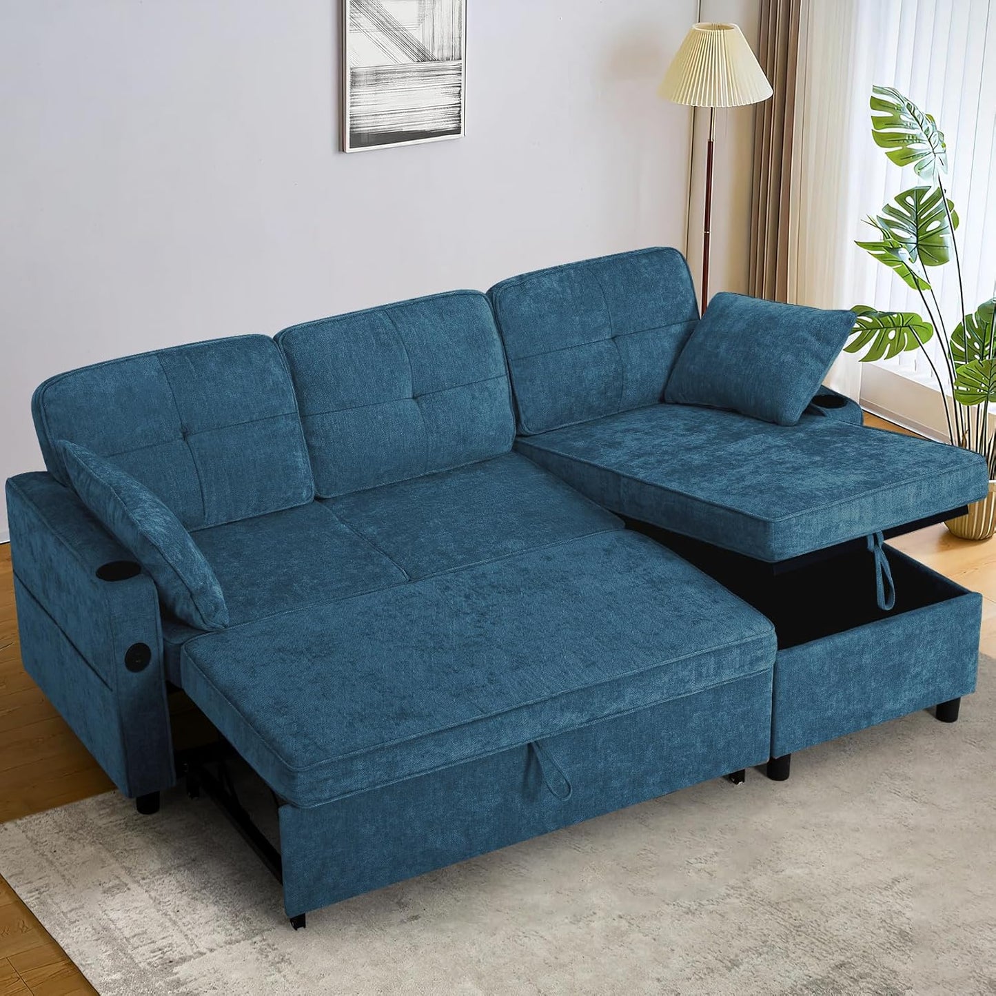 84 Inches Chenille Sectional Sofa w/Pull-Out Sofa Bed & Adjustable Back, Tufted L-Shaped Couch w/Storage Chaise, Sleeper Sectional Sofa w/USB Port & Cup Holders for Living Room, Blue