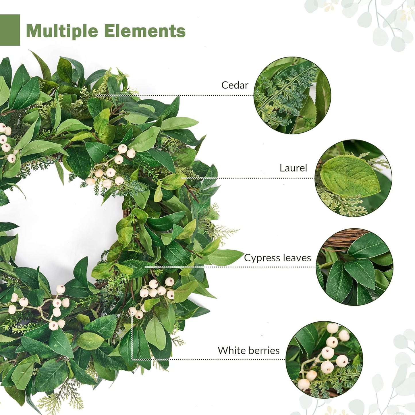 GENMOUS 24 Inch Christmas Wreaths for Front Door, Green Cypress Leaves Wreath with Cedar Laurel White Berries, All Season Indoor Outdoor Wedding Holiday Christmas Home Wall Door Porch Decor