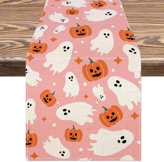 AnyDesign Pink Halloween Table Runner Cute Ghost Table Cover Spooky Halloween Kitchen Dining Table Decoration for Indoor Outdoor Home Party Supplies, 13 x 72 Inch
