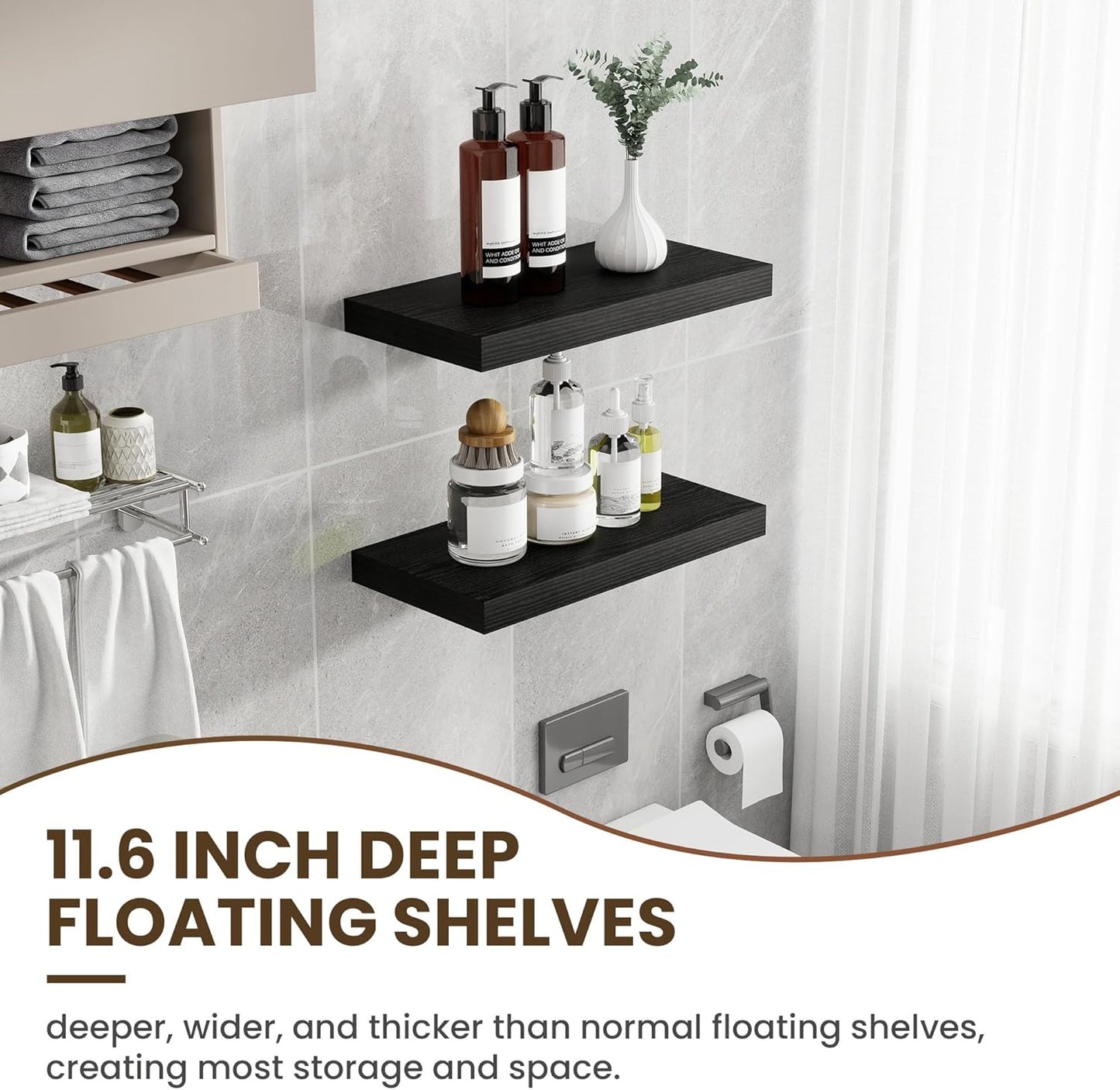 12 Inch Deep Floating Shelves, 24 Inch Long Floating Shelves for Wall, Floating Shelf with Invisible Brackets, Deep Shelves for Bathroom, Bedroom, Living Room, 2 Pack, Black