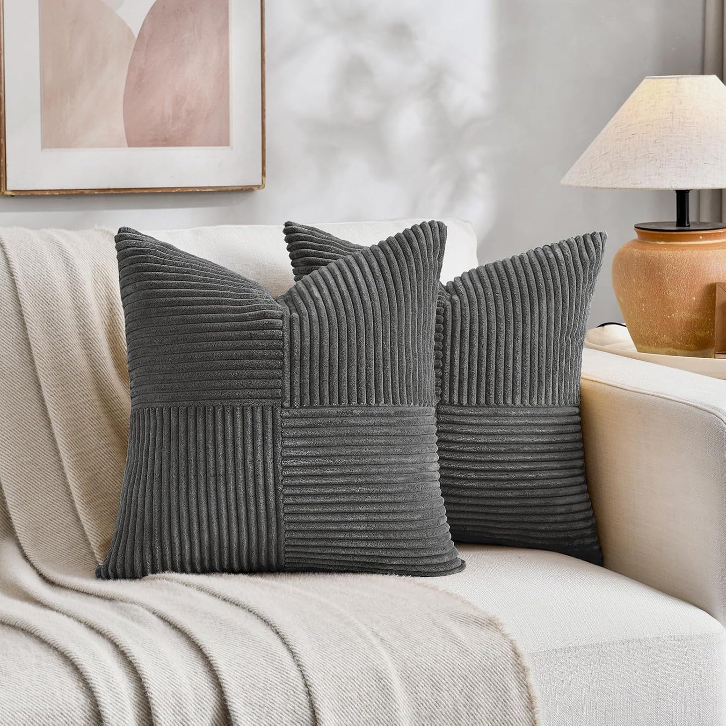 Fancy Homi 2 Packs Dark Gray Big Decorative Throw Pillow Covers 24x24 Inch for Couch Bed Sofa, Rustic Farmhouse Boho Home Decor, Soft Corss Corduroy Patchwork Accent Square Cushion Case 60x60 cm