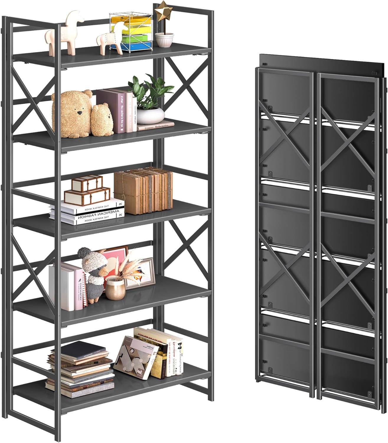 4NM 5 Tiers No Assembly Book Shelves, 51.2" H Folding Bookshelf Bookcase Open Industrial Foldable Shelves for Bedroom, Living Room, Home Office - All Black