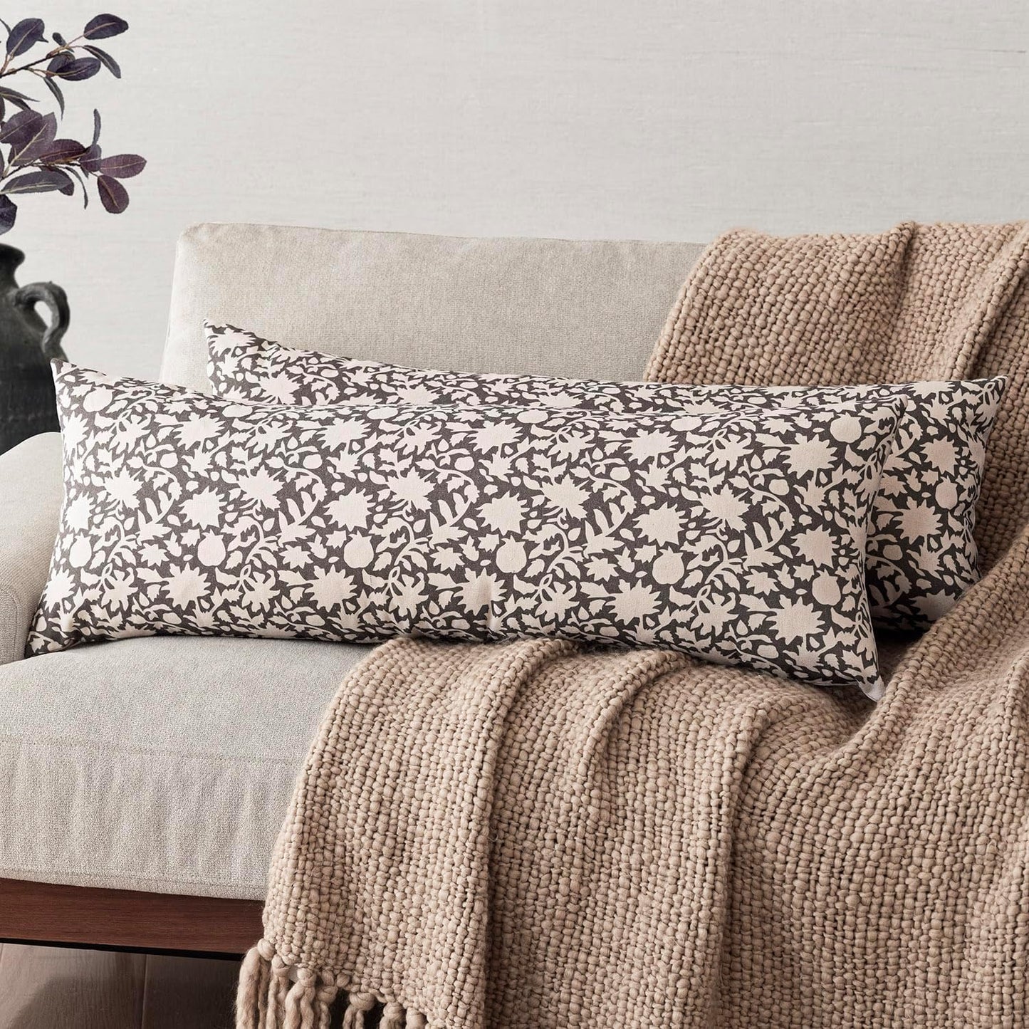 Foindtower Set of 2 Decorative Long Body Lumbar Throw Pillow Covers Accent Farmhouse Cushion Covers Boho Floral Pillowcase for Couch Sofa Bedroom Living Room Home Decor Outdoor,14×36 Inch,Rustic Gray