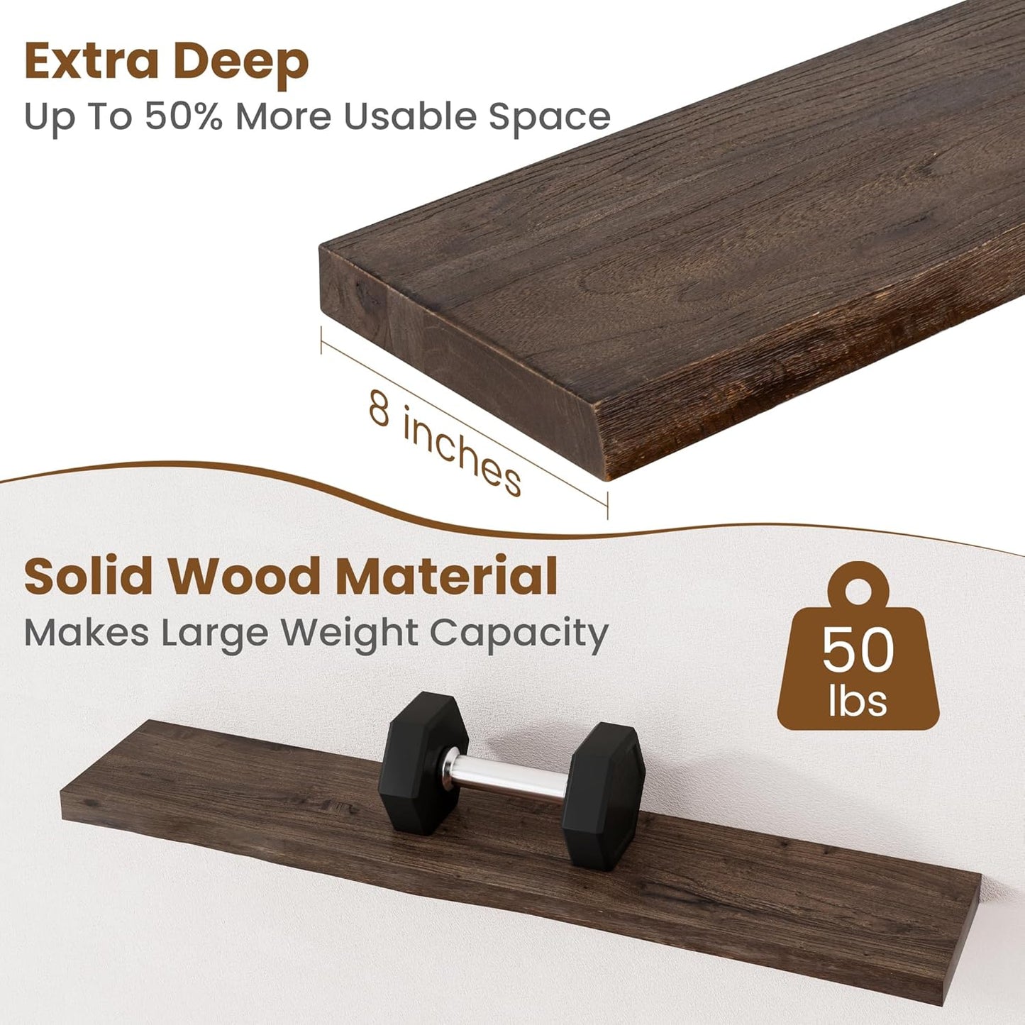 Floating Shelves for Wall Decor, Rustic Solid Elm Wood Live Edge Floating Shelves Wall Mounted, Wall Shelves with Invisible Bracket for Living Room Bathroom Bedroom Kitchen, 36 Inch Set of 2, Walnut