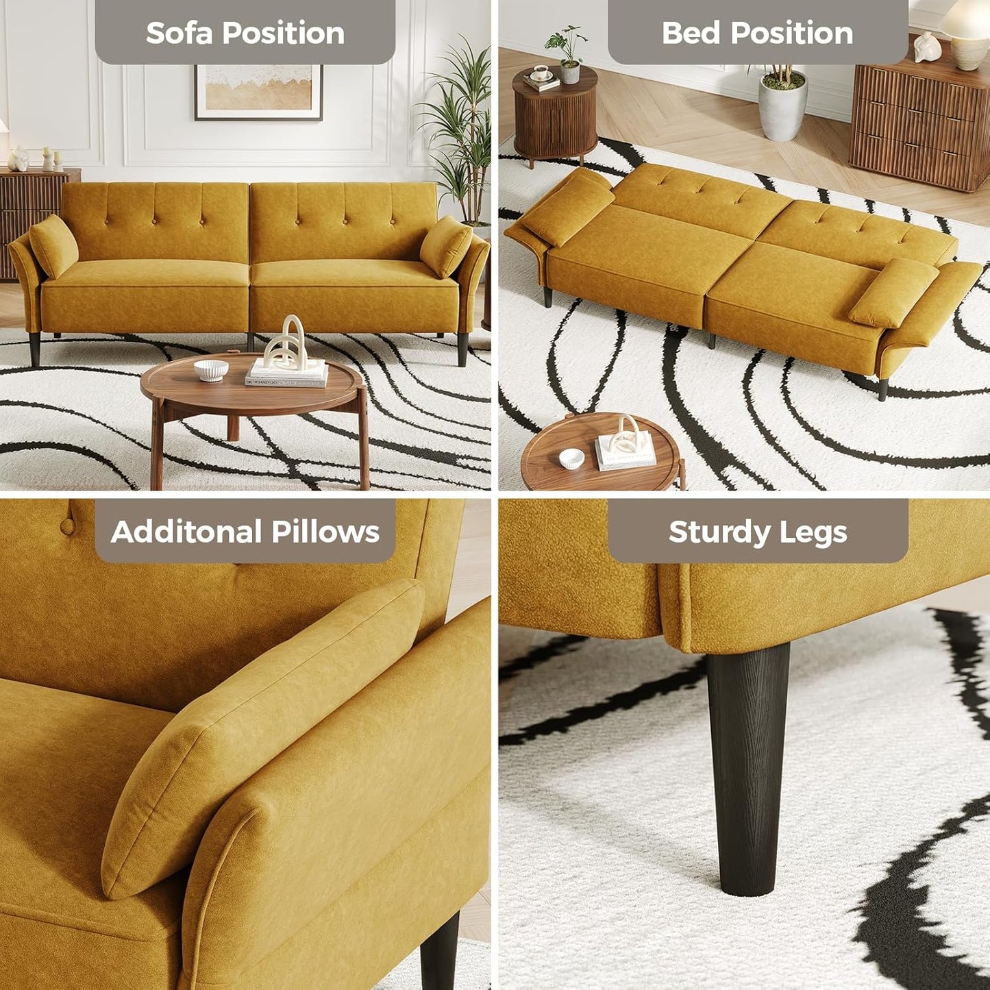 89” Futon Sofa Bed,Comfy Futon Couch Bed with 2 Square Pillows, Convertible Sleeper Sofa with Adjustable Backrest& Armrests, Modern Loveseat Sleeper for Living Room, Bedroom, Yellow