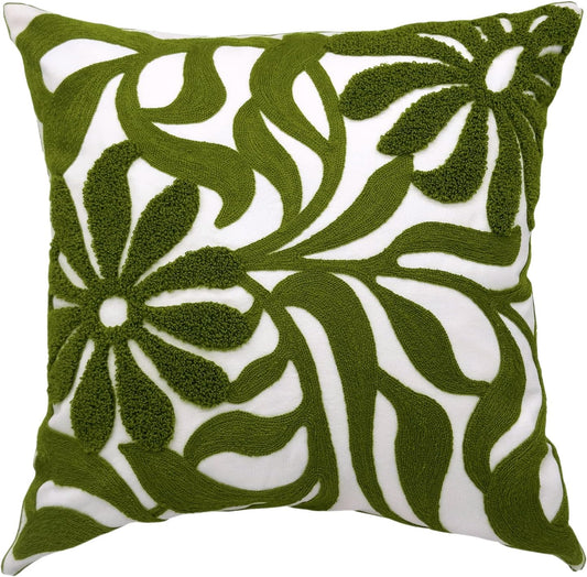 Alysheer Farmhouse Floral Leaves Embroidered Decorative Throw Pillow Cover 18x18 inches, Boho Tufted Flowers Embroidery Pattern Chic Cotton Cushion Case for Couch Bed Sofa Living Room(Olive Green)