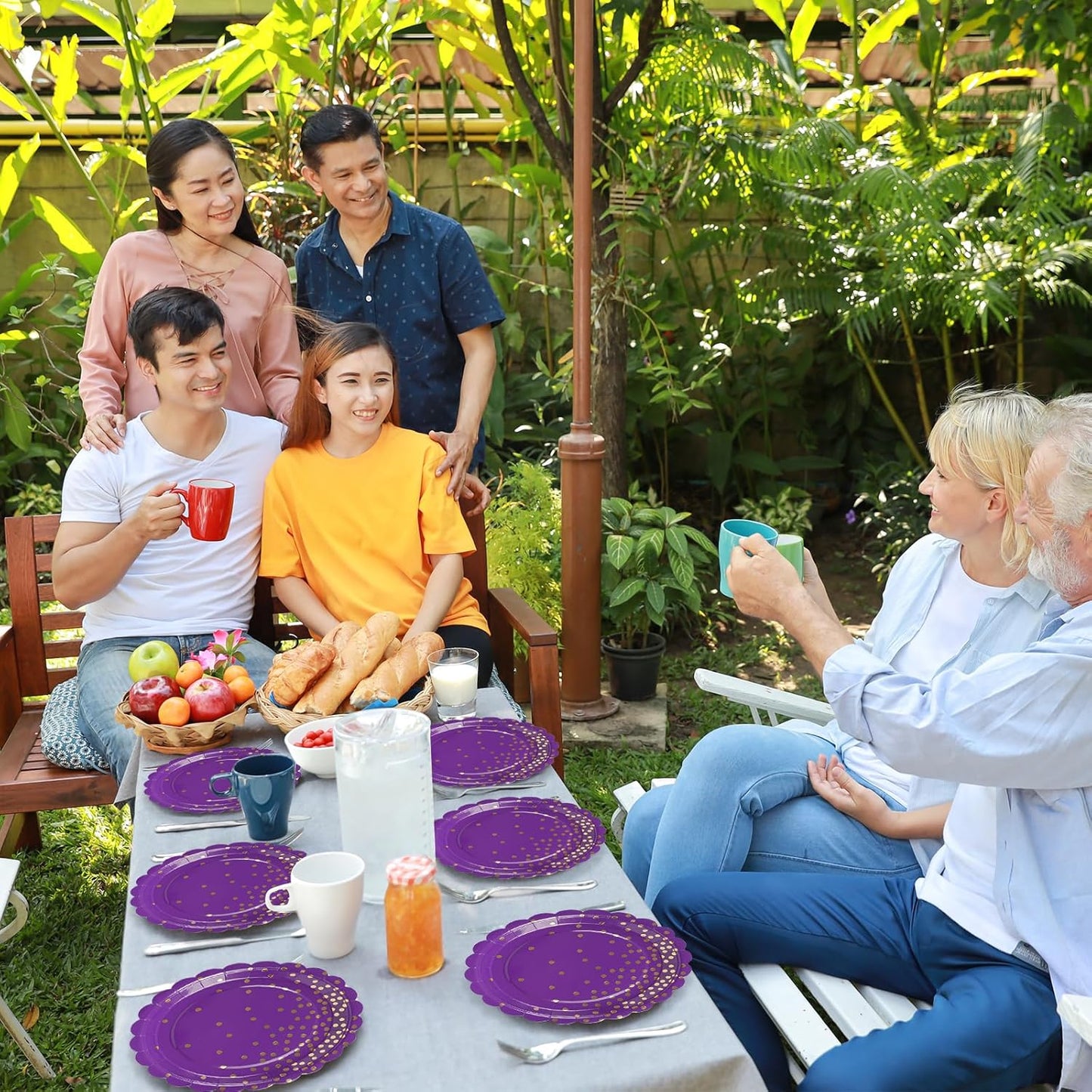 50PCS Purple Paper Plates, 7 Inch Scalloped Purple and Gold Party Plates Disposable Foil Polka Dots Dessert Plate Cake Plate for Wedding Baby Shower Birthday Anniversary Bachelorette Dinner BBQ