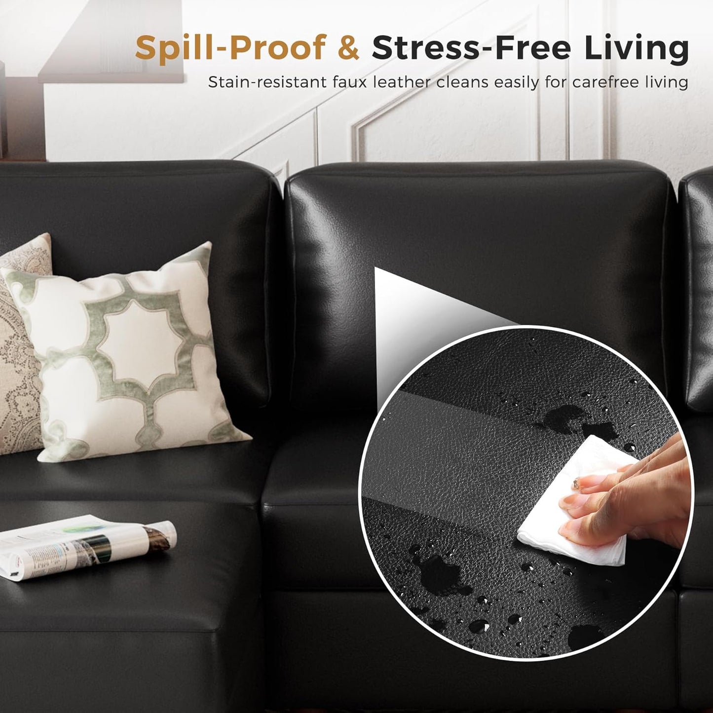 Faux Leather Oversized Accent Chair with Storage Deep Seat Single Sofa Large Reading Armchair for Living Room Bedroom Office Black Set of 2