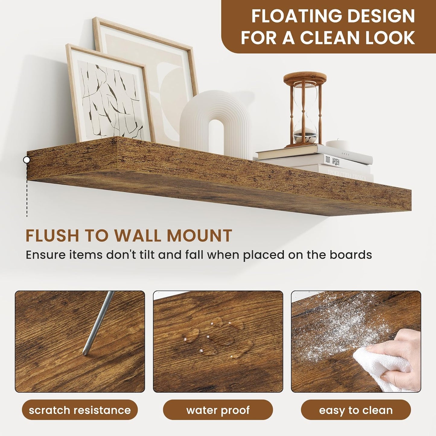 fuqing Floating Shelves for Wall, Bathroom Shelf Wall Mounted for Storage, Shelves with Invisible Bracket for Bedroom, Kitchen, Living Room, Farmhouse Small Book Shelf, 32 Inch Set of 2, Rustic Brown