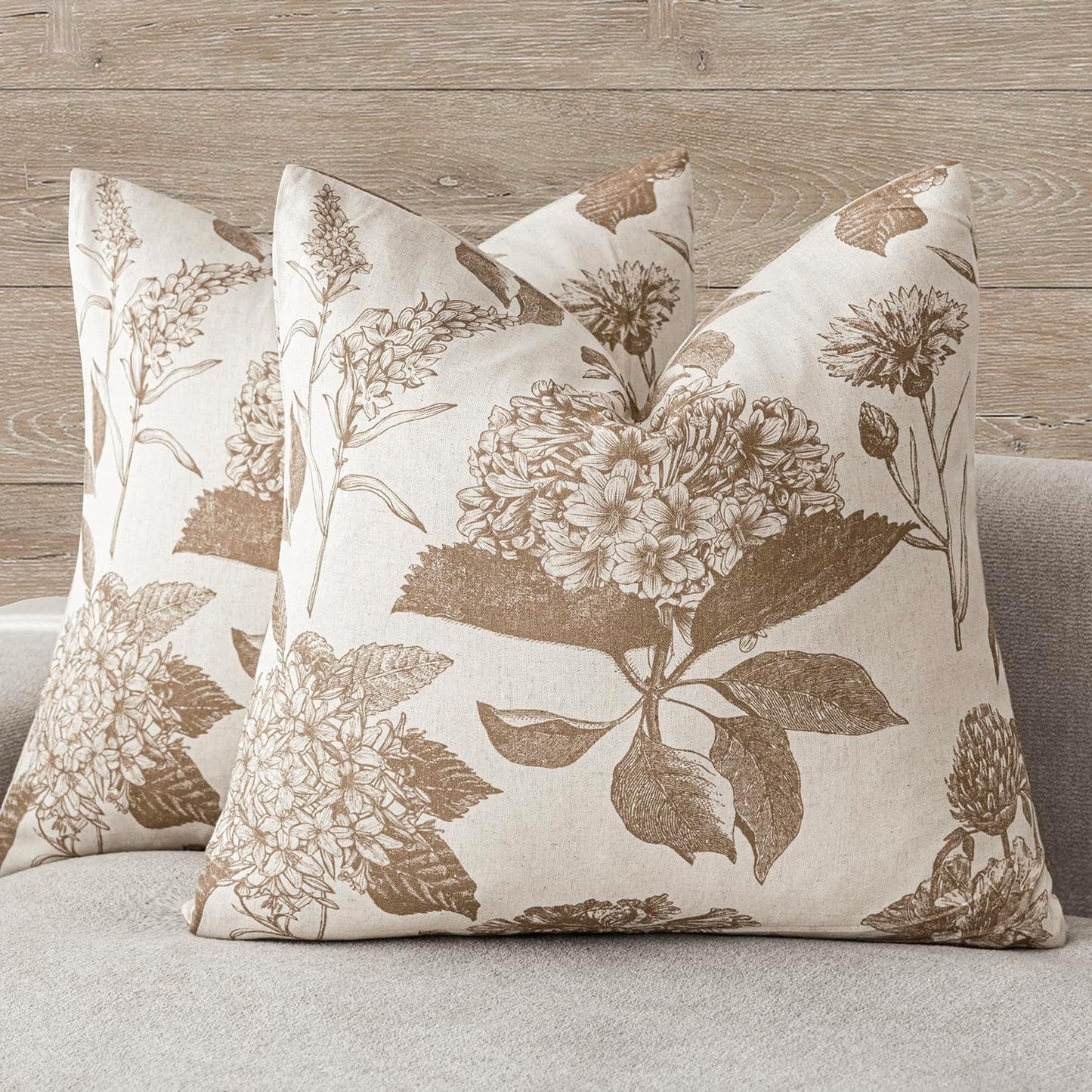 Foindtower Set of 2 Linen Floral Throw Pillow Covers Neutral Vintage Print Decorative Cushion Covers Farmhouse Boho Home Decor for Sofa Chair Couch Bedroom Living Room Outdoor,24×24 Inch,Light Brown