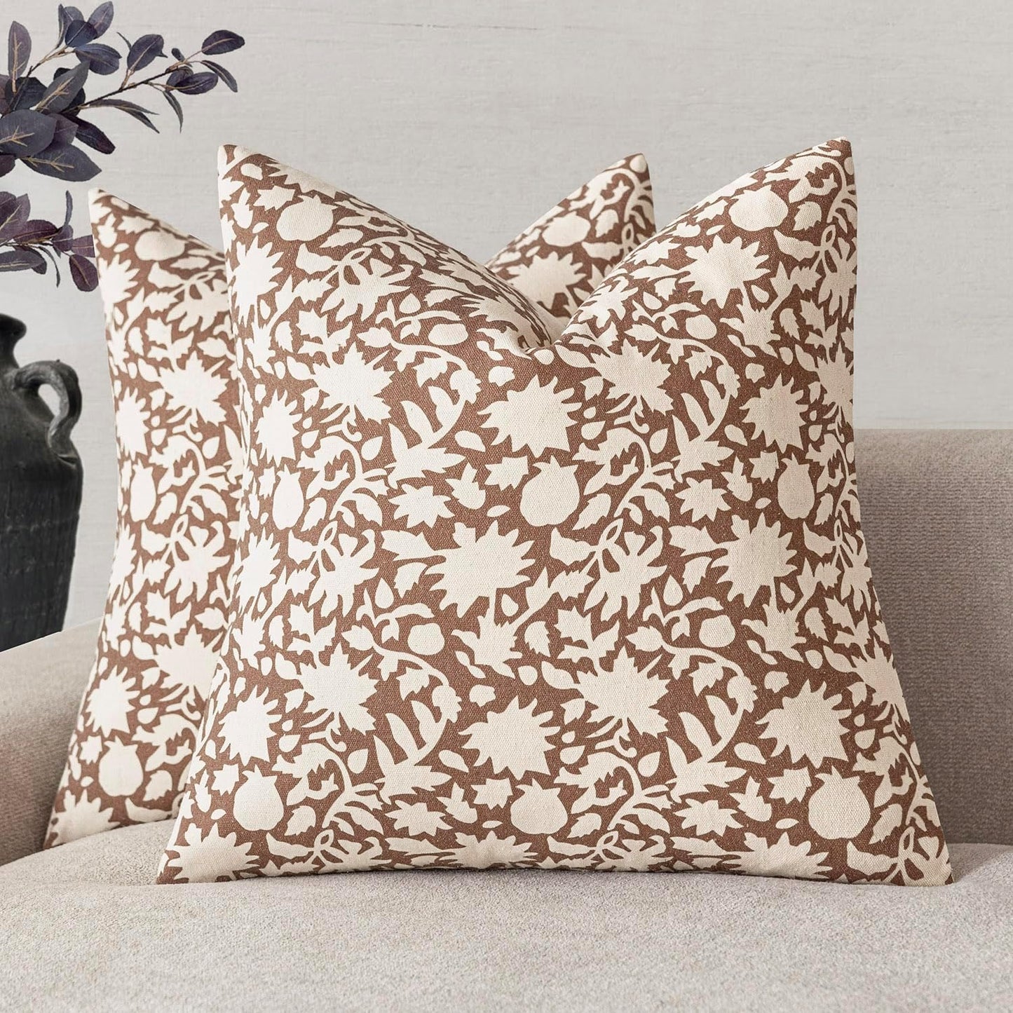 Foindtower Set of 2 Decorative Neutral Floral Throw Pillow Covers Accent Farmhouse Cushion Covers Boho Pillowcase for Couch Sofa Bedroom Living Room Home Decor Outdoor,22×22 Inch,Light Orange Brown