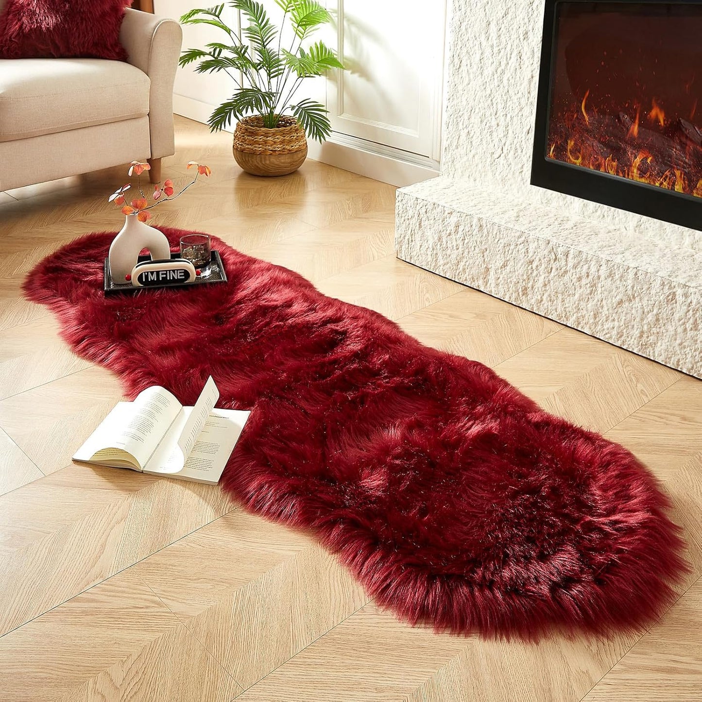 AMTOVO Faux Sheepskin Rug, Burgundy Ultra Soft Fluffy Shag Area Rug, 2 x 6 ft Faux Fur Rug for Bedroom Sofa Throw Cushion Room Decor, Sheepskin