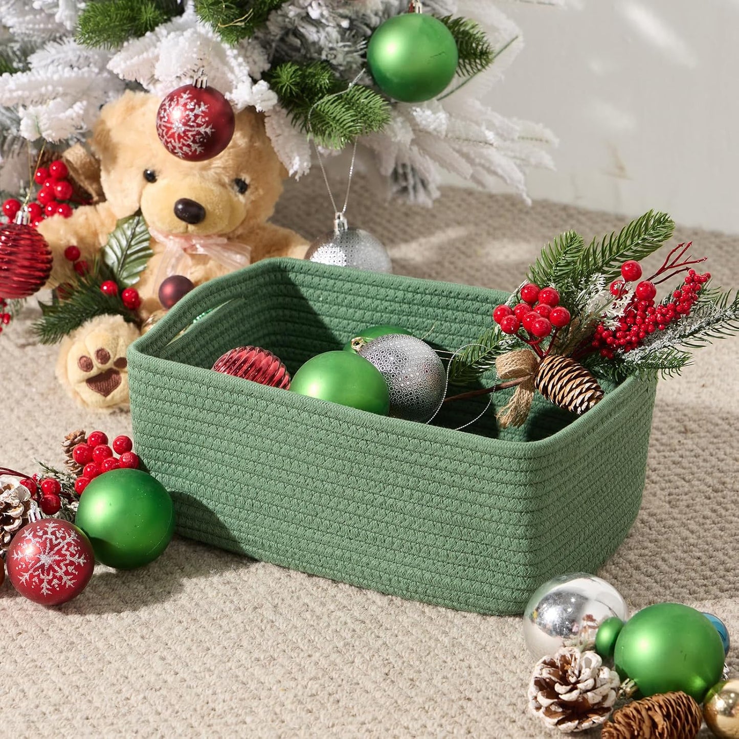 Small Storage Baskets for Organizing | Closet Organizer Bins | Shelf Toy Basket | Woven Rope Baskets | Cube Decorative Box | Shallow Basket | 13x8.5x5.1” | 3 Packs Green