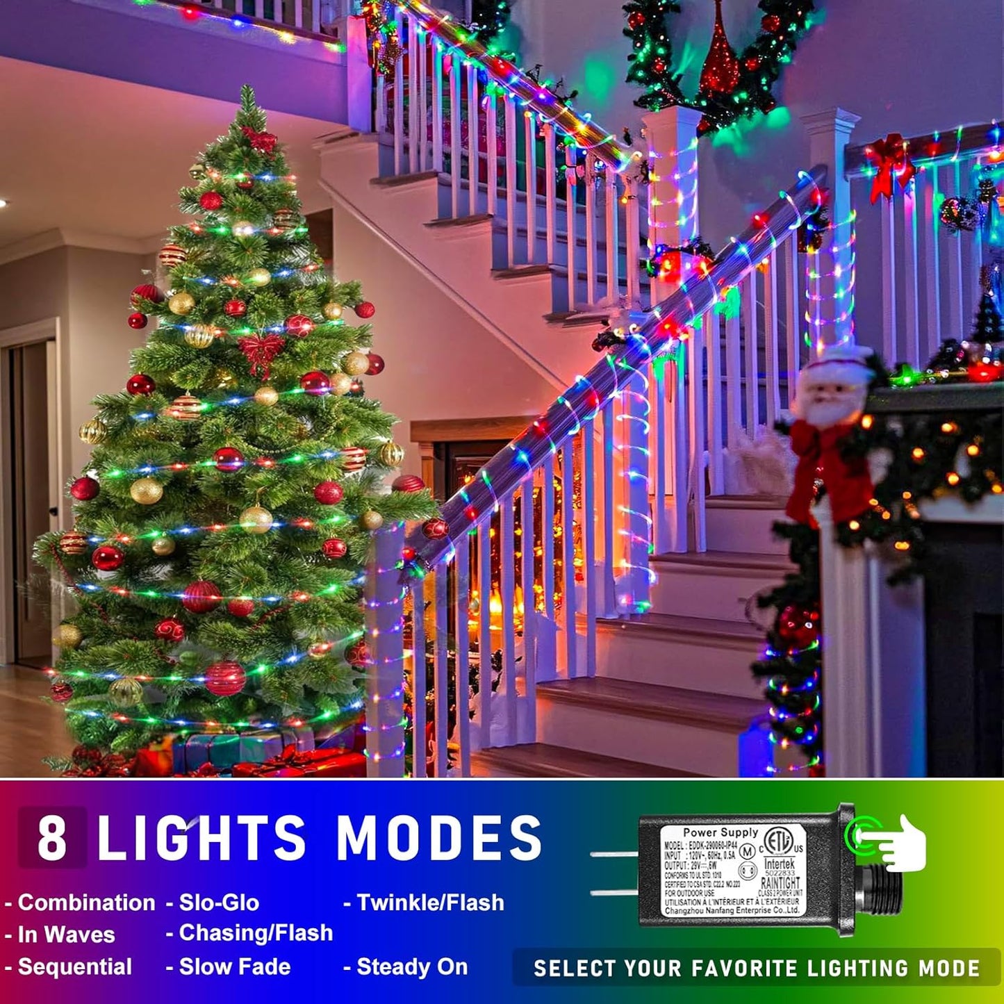 164FT Rope Lights Outdoor, 500 LED Rope Lights Indoor Waterproof, 8 Modes Plug in Connectable String Lights for Outside Garden, Deck, Patio, Pool, Bedroom, Landscape, Party Decorations - Multicolor