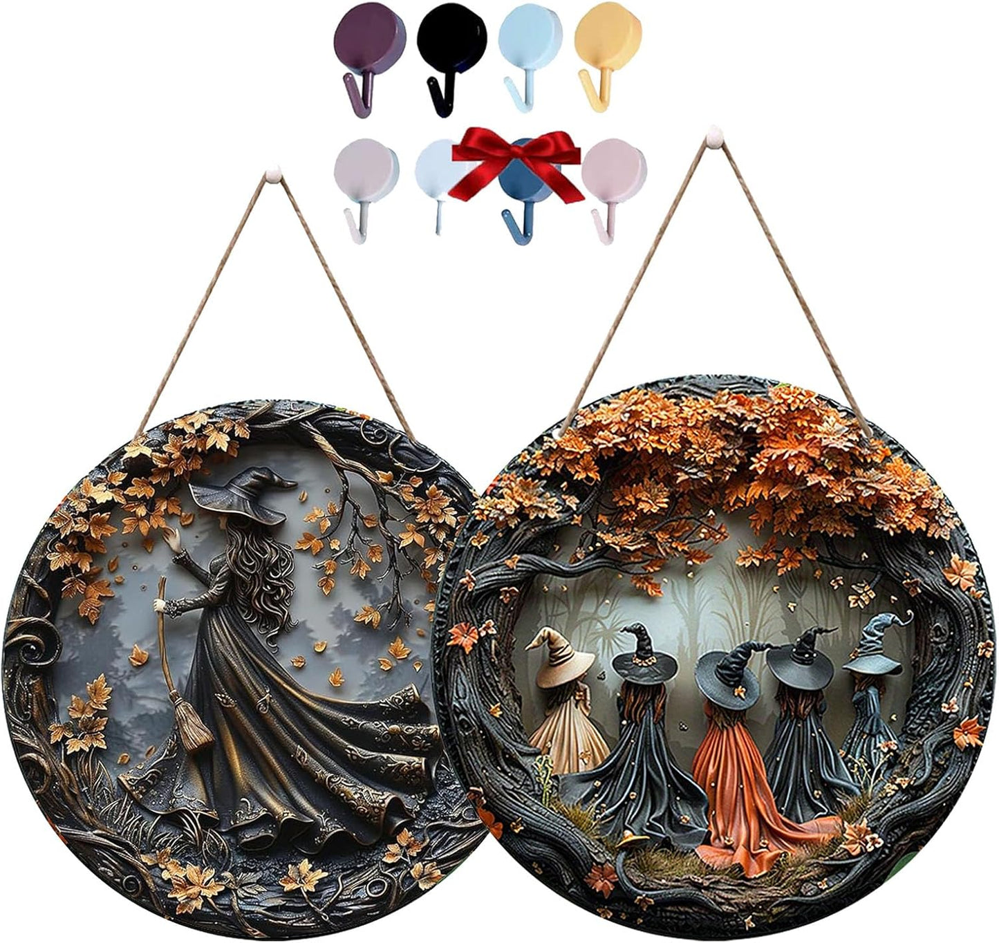 Fanyil/Olygee/Sherum/Shirem/Pubyfun/Glosrity/Libilin/Graddi/Solymody/Gowebs/Goredny/Vianys Witching Hour, Door Way Hanging Decor Halloween, 2D Wooden Round Witches Sign (A+B, 11.8")