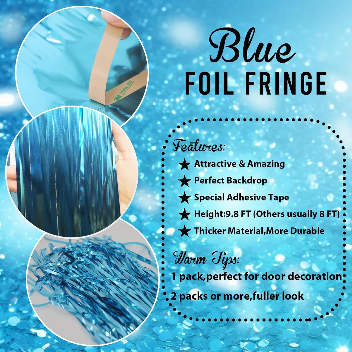 GOER 3.2 ft x 9.8 ft Metallic Tinsel Foil Fringe Curtains Party Photo Backdrop Party Streamers for Birthday,Graduation,New Year Eve Decorations Wedding Decor (Light Blue,5 pcs)