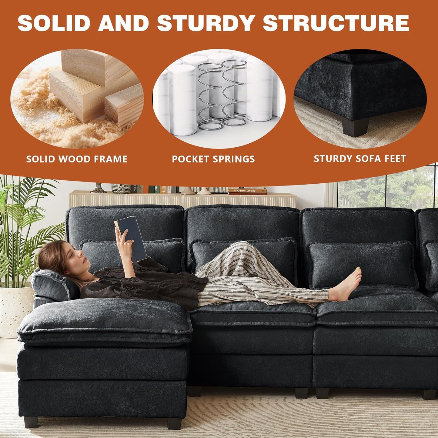 113" Oversized Cloud Couch, U Shape Sectional 4 Seat Sofa with Double Chaises, 2 Layer Cusions, Deep Seat Comfy Sofa, Upholstery Chenille Fabric for Living Room, Black