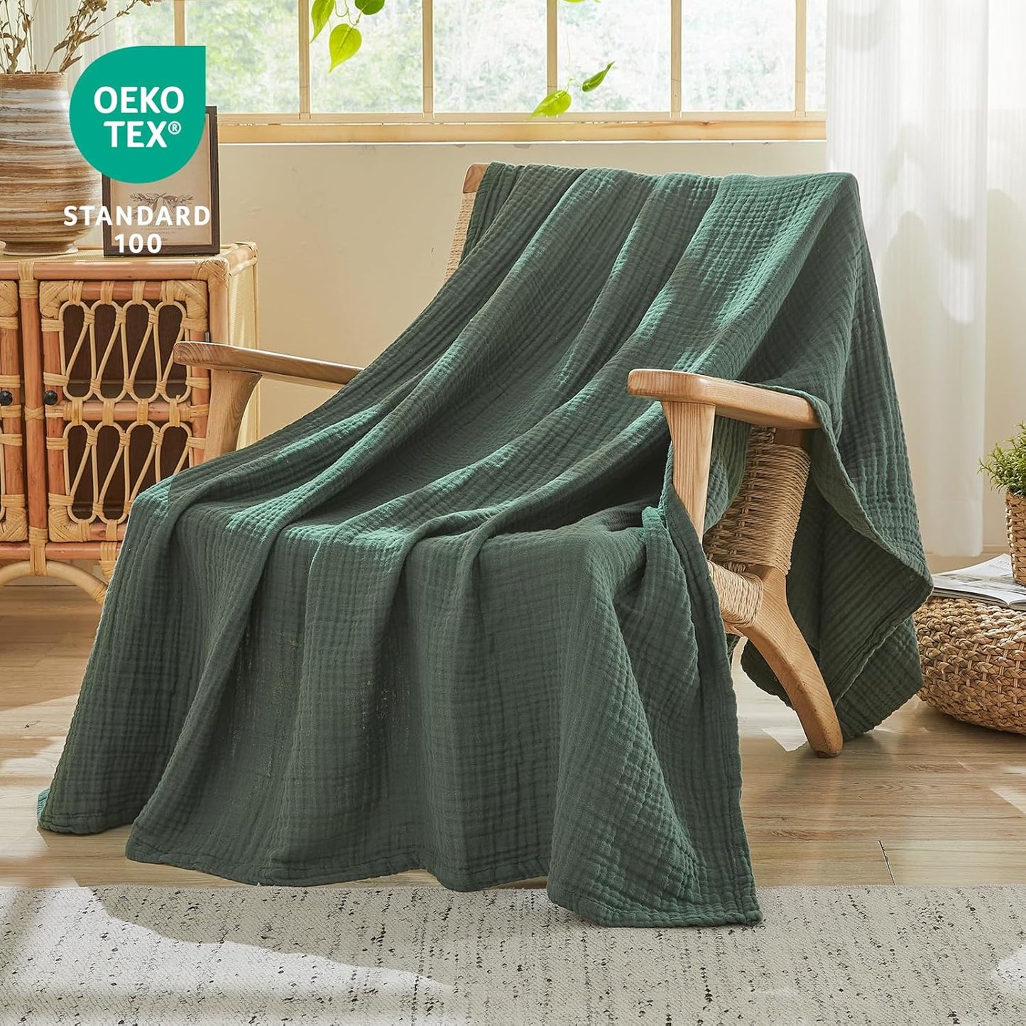 EMME Cotton Muslin King Blanket Bed Layering Breathable Gauze Blanket Soft Lightweight Blankets Adults (Forest Green, 108"x90")