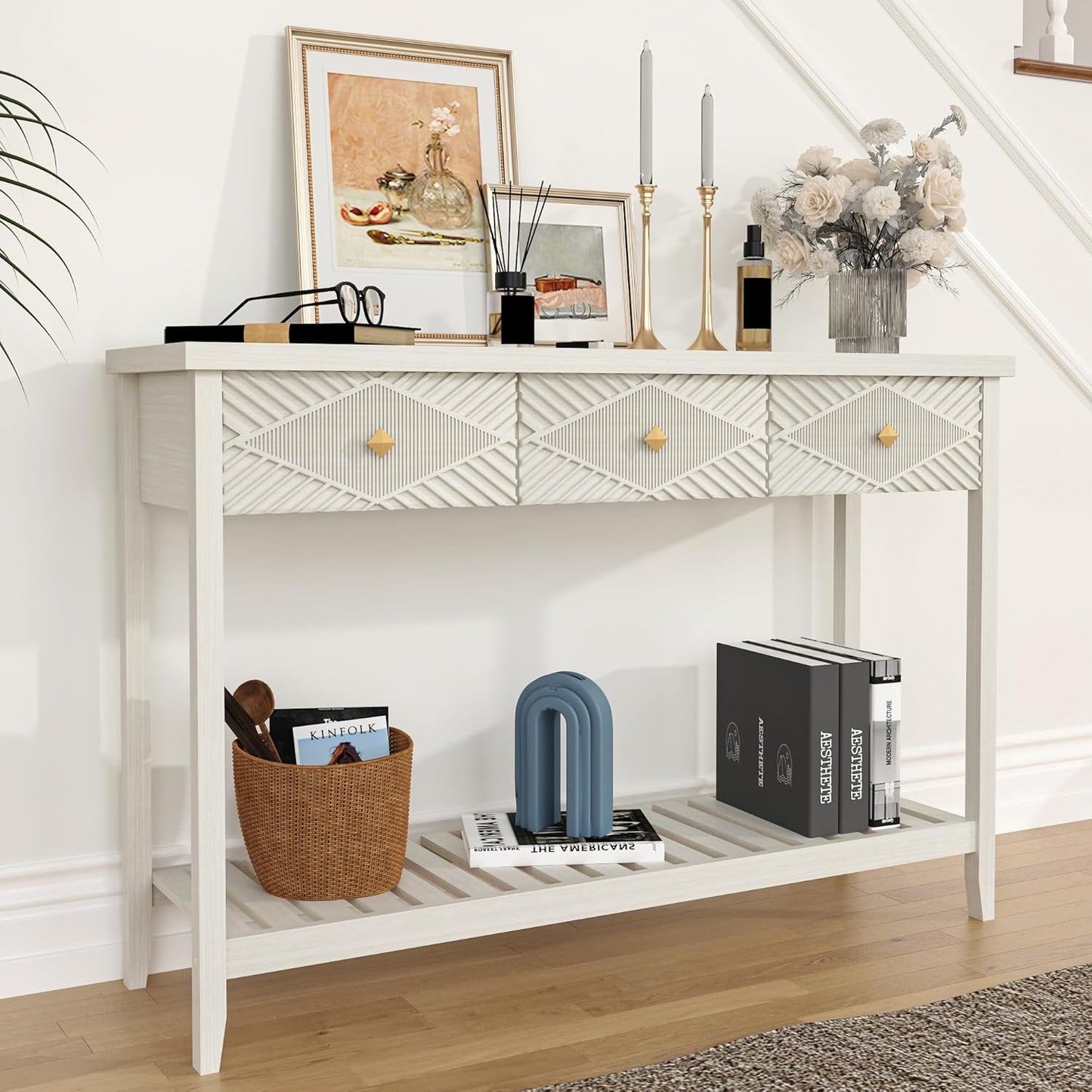 47" Fluted Console Table with 3 Drawers, Narrow Long Entryway Table with Storage Shelf, Sofa Tables for Entryway, Living Room, Behind Couch, Foyer, Hallway, Office (Beige)