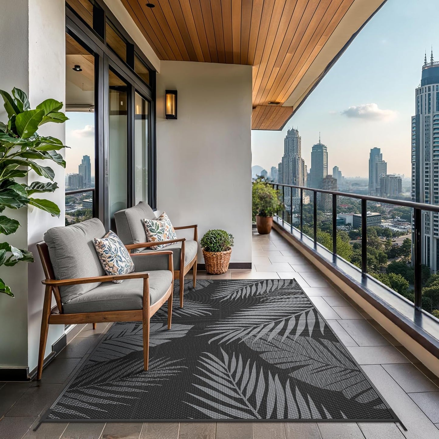 GENIMO Outdoor Rug 6' x 9' Waterproof for Patios Clearance, Reversible Outdoor Plastic Straw Camping Rug Carpet, Large Area Rugs Mats for RV, Camper, Deck, Balcony, Porch, Beach, Picnic, Black&Grey