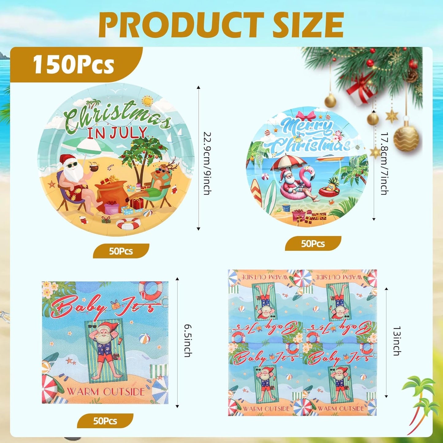 150Pcs Christmas in July Party Decorations Plates Napkins Summer Tropical Hawaiian Christmas Santa Beach Paper Plates for Christmas in July Beach Pool Party Supplies,Serves 50