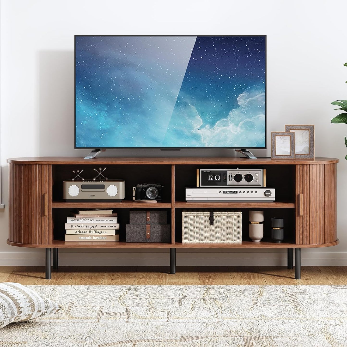 63" TV Stand with Power Outlet, Modern Media Console with Sliding Doors, Entertainment Center for TVs up to 60 Inch, Adjustable Shelves, Walnut