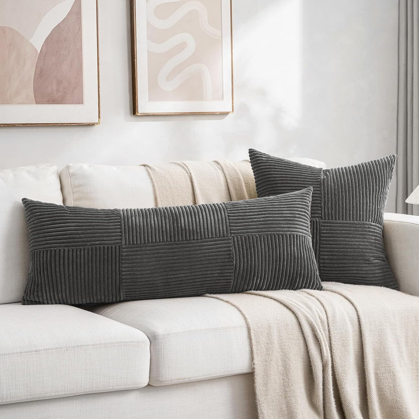 Fancy Homi 2 Packs Dark Gray Decorative Throw Pillow Covers 22x22 Inch for Living Room Couch Bed Sofa, Rustic Farmhouse Boho Home Decor, Soft Corss Corduroy Patchwork Accent Cushion Case 55x55 cm