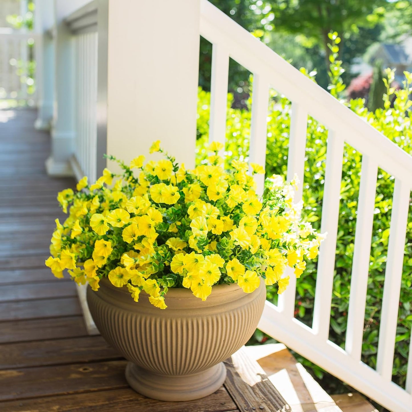 Artificial Mums for Outdoors Fake Fall Flowers Plants for Autumn Decoration, 12 Bundles Silk Morning Glory with Eucalyptus Look Real UV Resistant Yellow Faux Mums for Outside Planters Front Door Yard