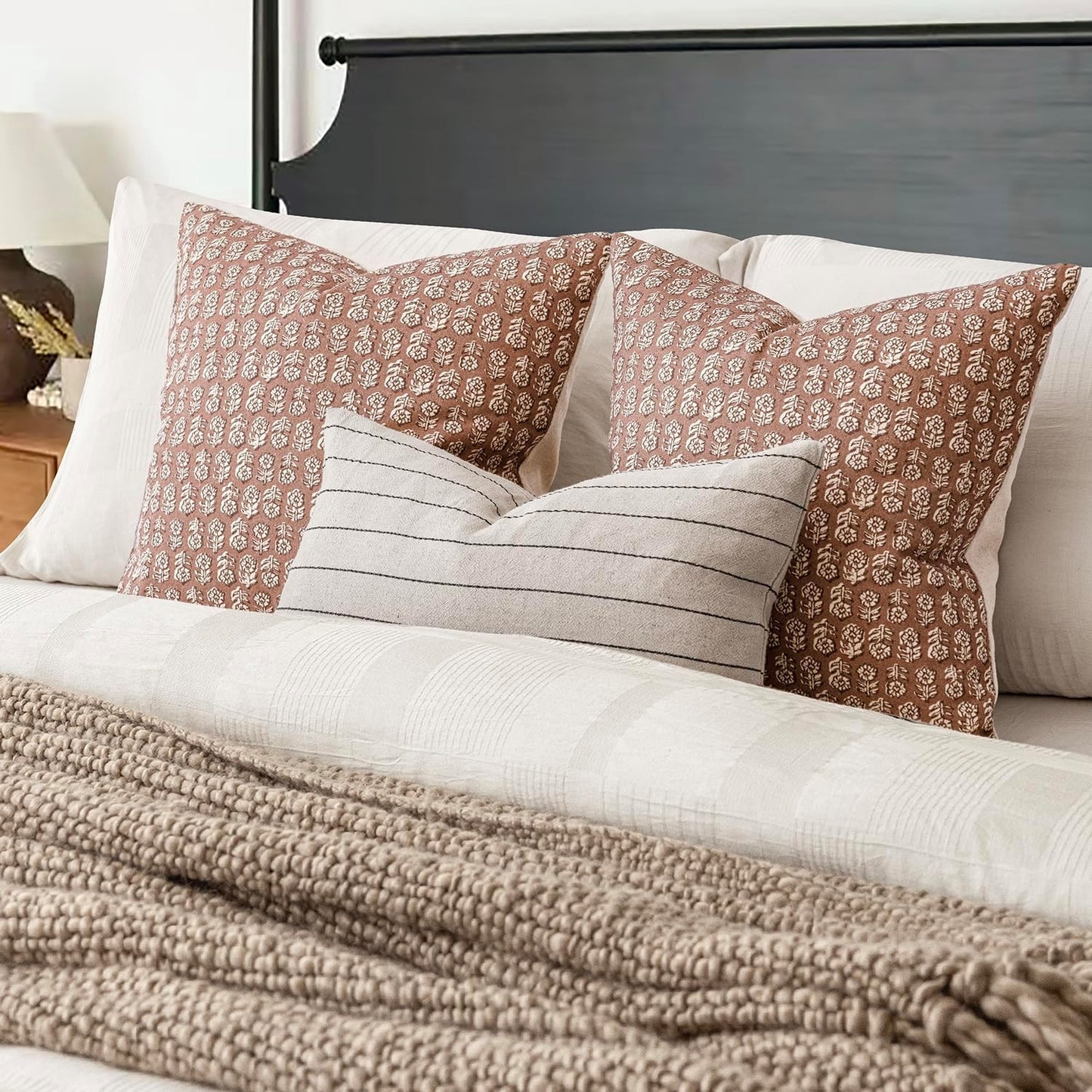 Foindtower Set of 2 Decorative Vintage Floral Print Throw Pillow Covers Neutral Farmhouse Cushion Covers Boho Home Decor for Sofa Couch Chair Bedroom Living Room Outdoor,24×24 Inch,Light Orange Brown