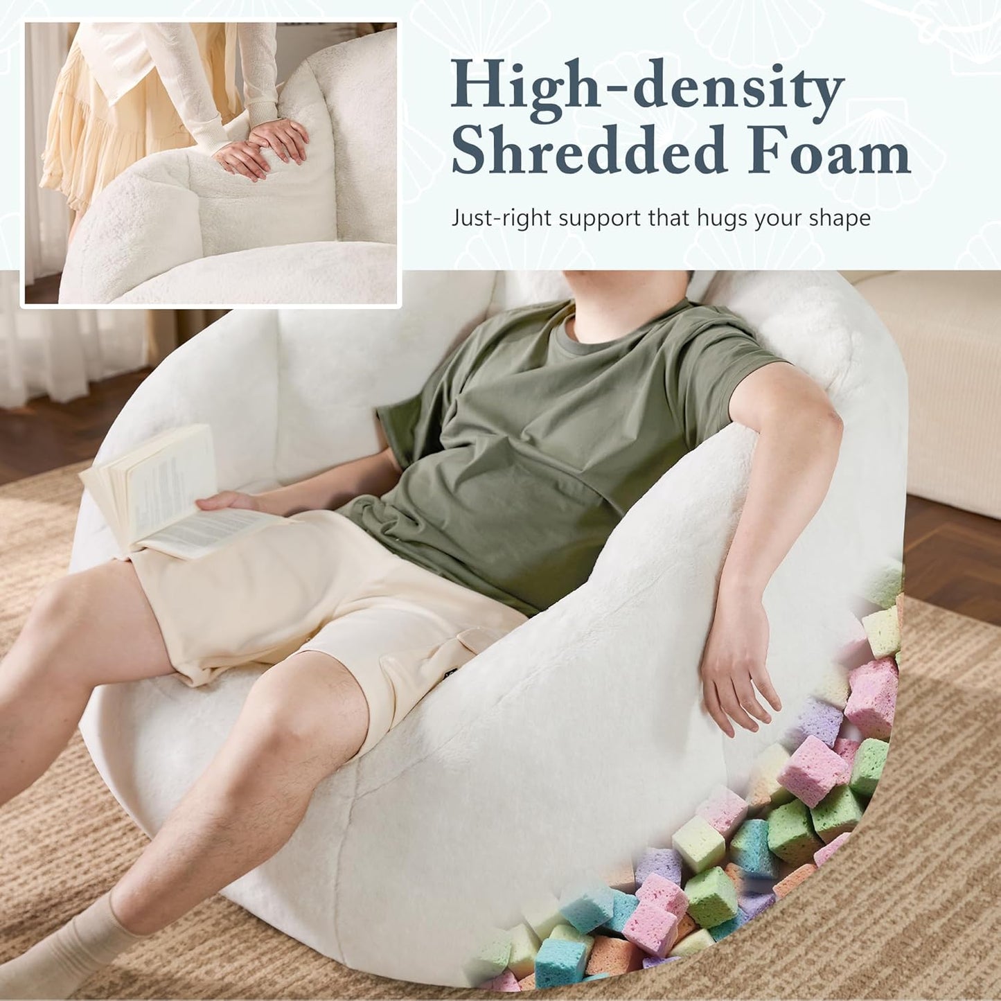 Giant Bean Bag Chair for Adults - Comfy Plush Round Shell Soft Accent Chair, Oversized Cozy Lounge Floor Sofa Reading Chair, Mini Couch for Living Room, Bedroom & Game Rooms, Beige