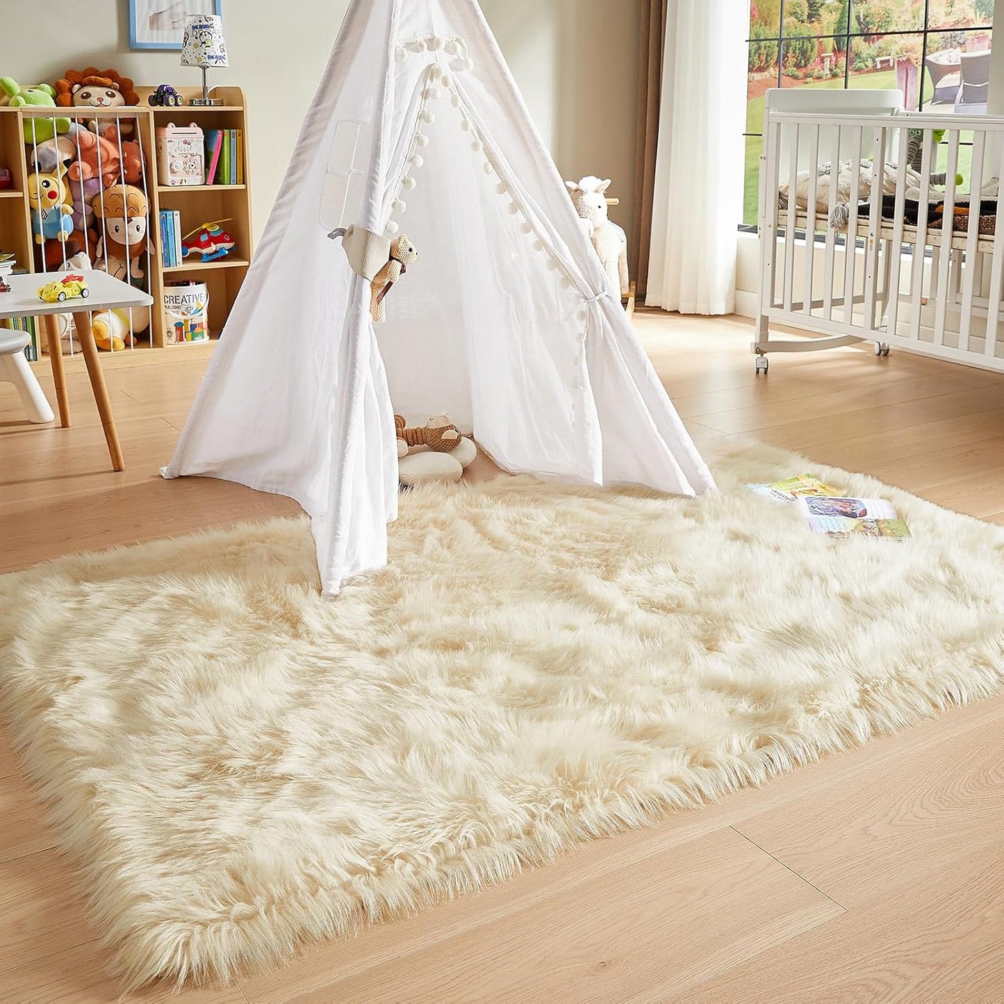 AMTOVO Faux Fur Sheepskin Rug for Living Room, 4 x 6 ft Beige Fluffy Area Rug for Bedroom, Playroom, Luxury Room Decor, Rectangle