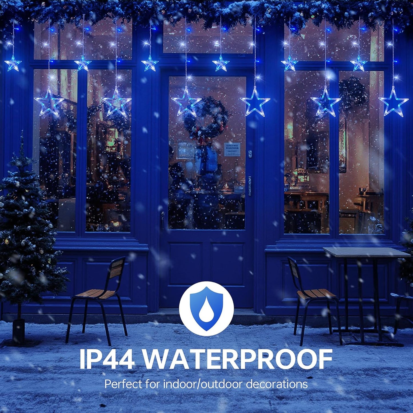 126L Blue White Christmas Star Icicle Lights, 8.2FT Clear Curtain Fairy String with Connectable, Timer 8 Modes Memory, Waterproof Hanging for Eaves, Party, Wedding Indoor Outdoor Decorations