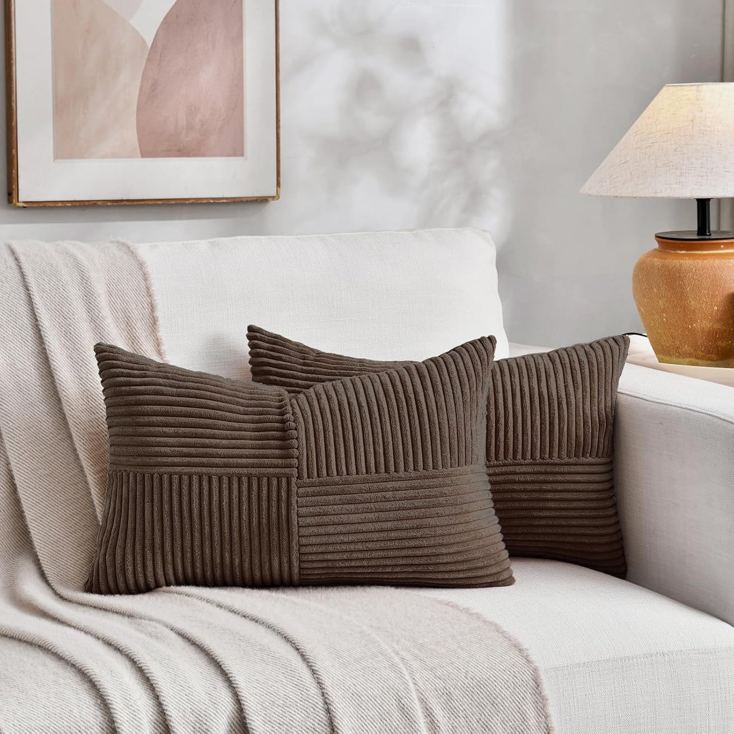 Fancy Homi 2 Packs Dark Brown Lumbar Decorative Throw Pillow Covers 20x28 Inch for Living Room Couch Bed, Rustic Farmhouse Boho Home Decor, Soft Striped Corduroy Rectangle Accent Cushion Case 50x70 cm