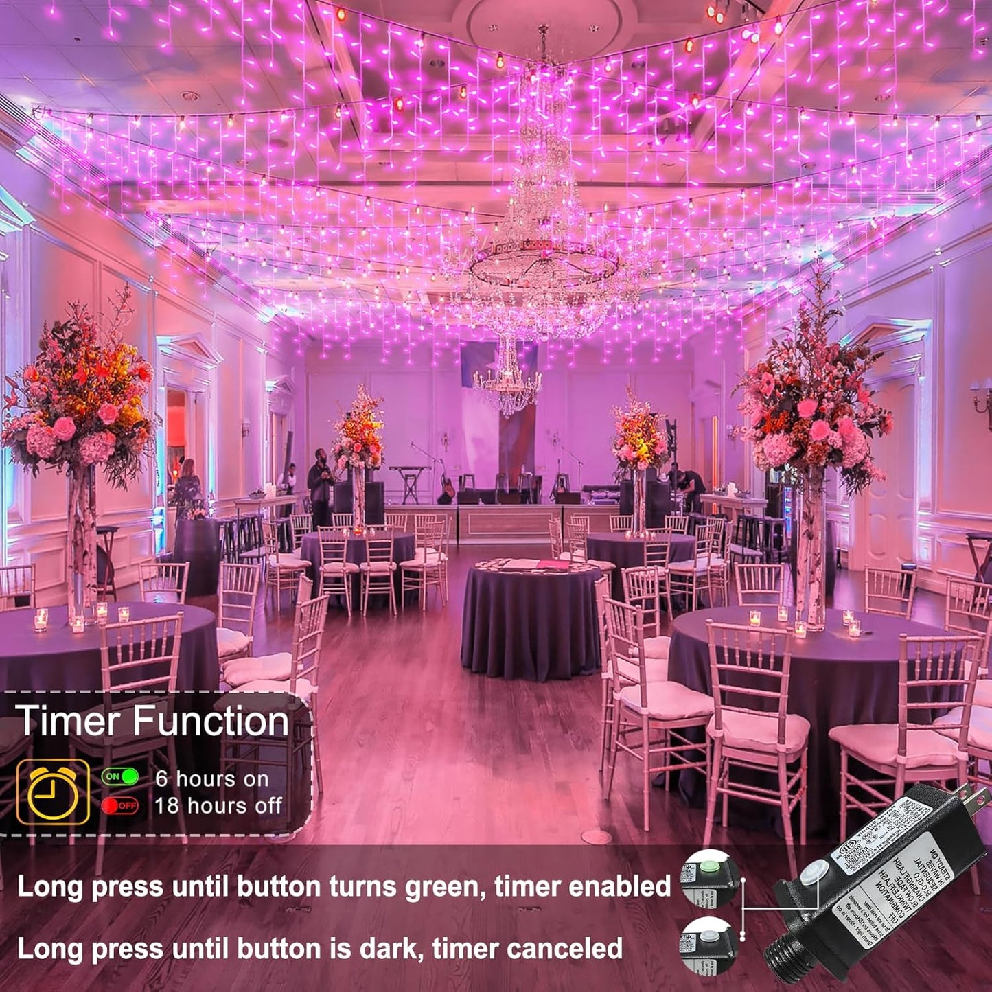 66ft Pink LED Icicle String Lights Indoor for Bedroom, 640 LED Patio Lights for Outside Clear Wire Connectable Twinkle Light with 8 Modes Timer Waterproof for Party Wedding Decoration