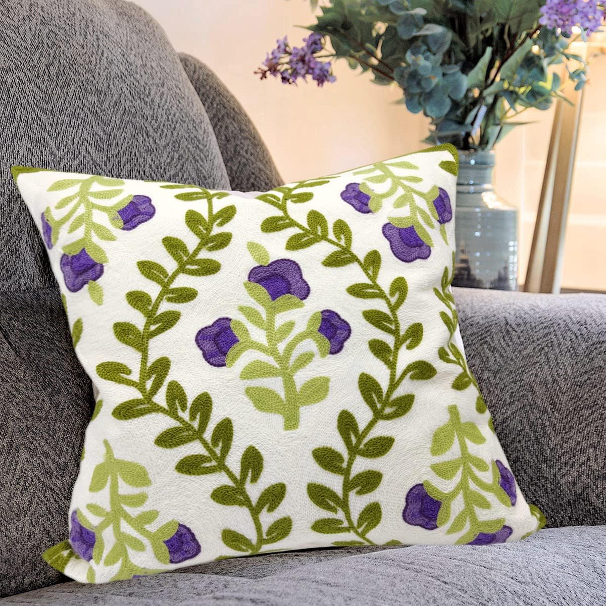Alysheer Floral Embroidered Spring Decorative Throw Pillow Cover 18"x 18", Farmhouse Cottage Purple Flowers Green Leaves Knit Pattern Cotton Canvas Cushion Case for Sofa Couch Bed Living Room Decor
