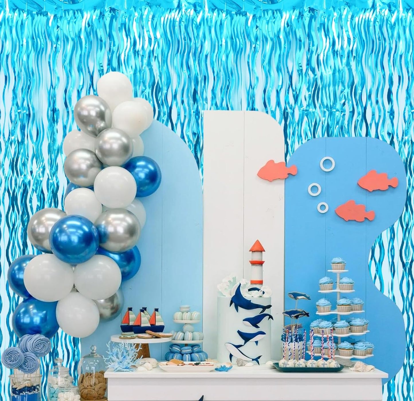 GOER 6.4 ft x 6.5 ft Metallic Tinsel Foil Fringe Curtains,Pack of 2 Party Streamer Backdrop for Birthday,Graduation Decorations and New Year Eve (Wavy Light Blue)