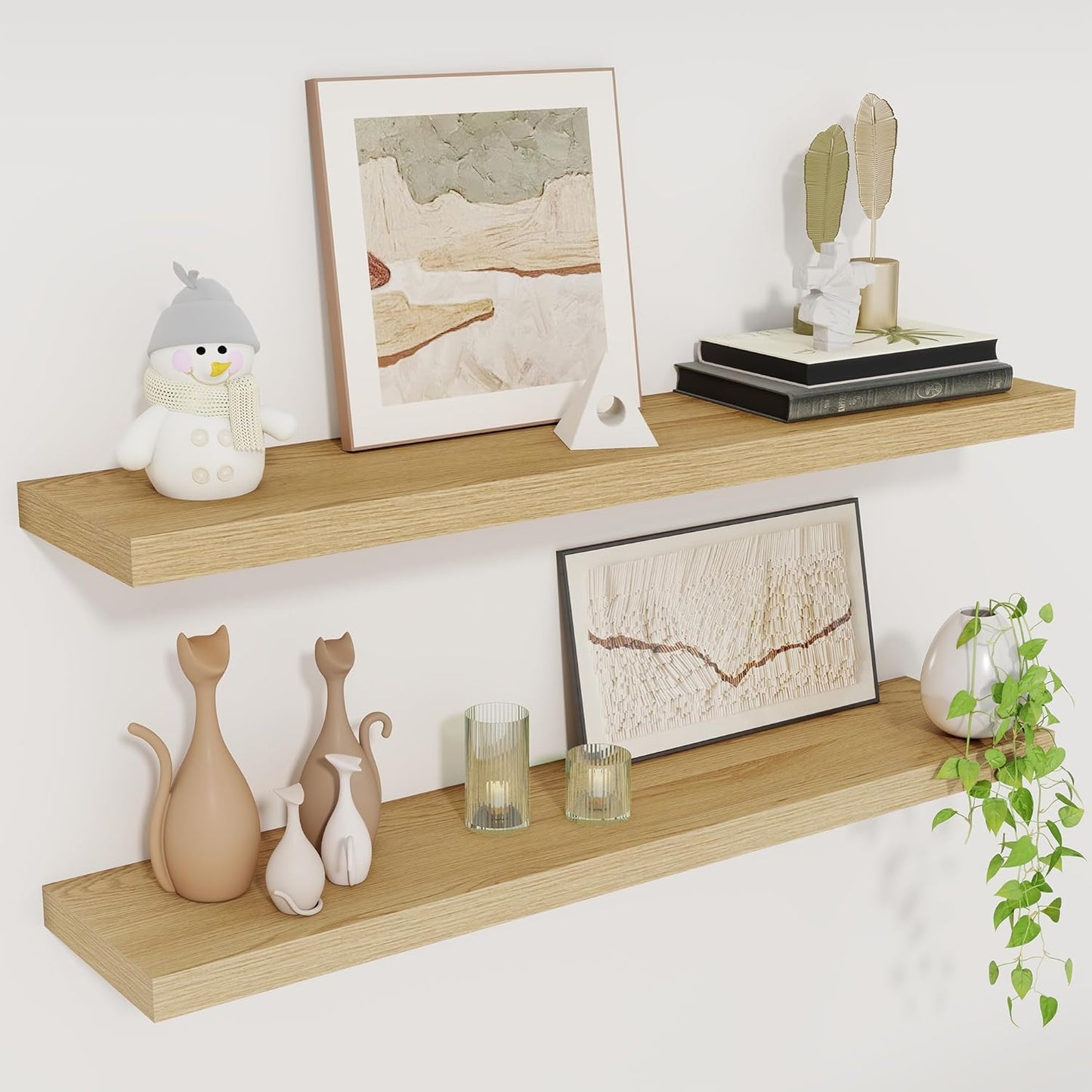 Fun Memories 30" Rustic Wood Deep Floating Shelves for Wall, Invisible Brackets for Decor & Storage, Living Room, Bathroom (Oak, Set of 2)