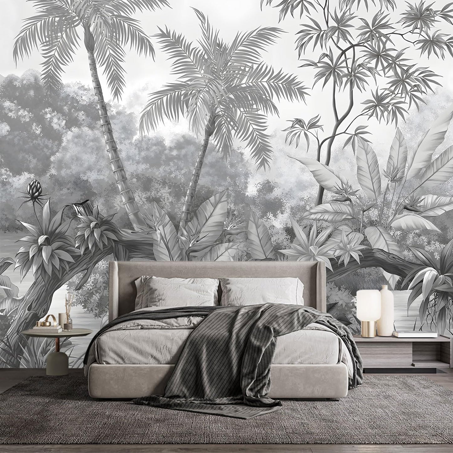 -Grey Rainforest Leaves Fabric Wallpaper Bedroom XT11 M 140" x 91"