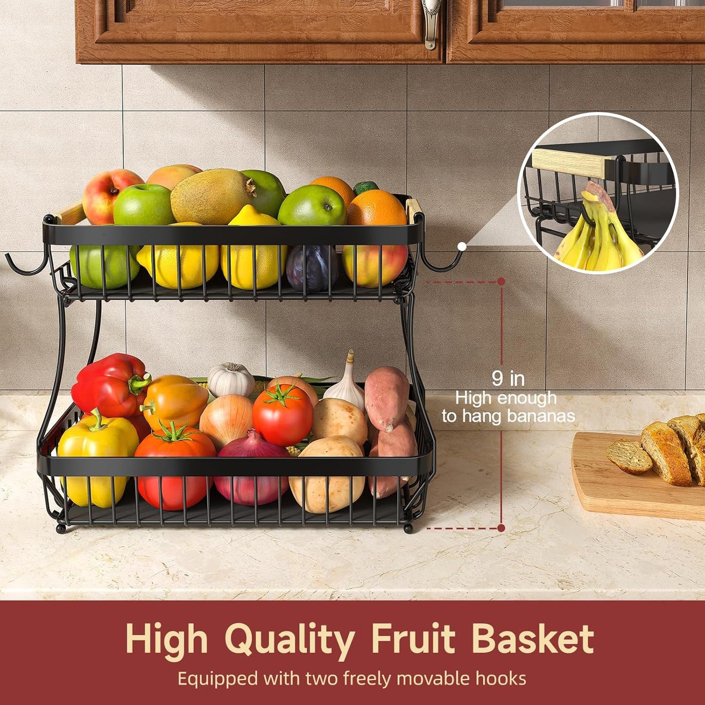 3 Tier Fruit Basket for Kitchen Counter with 2 Mobile Banana Hangers, 2025 Pro Detachable Metal Fruit Bowl with Wooden Handle, Fruit Holder for Bread Snack Veggies with Protective Mats