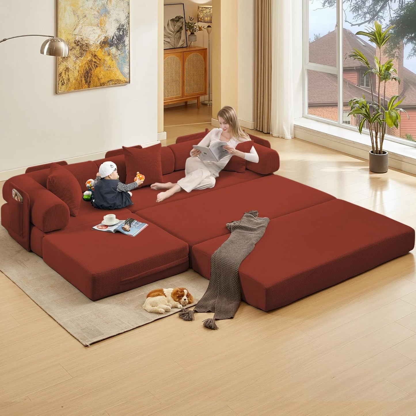 107" Oversized Convertible Sleeper Sofa Bed, Corduroy L Shape Sectional Couch, Folding Sofa Bed with Side Pocket, Modern Cloud Floor Mattress Couch, Modular Sofa for Living Room, Red