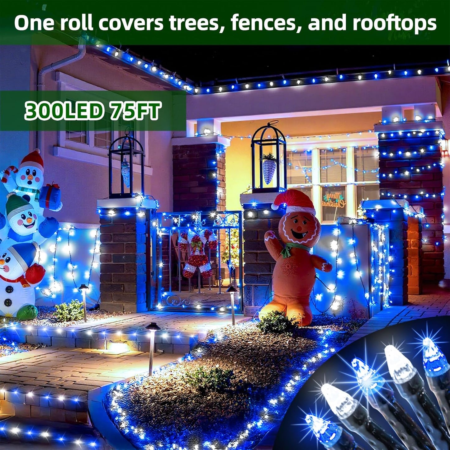 300LED Christmas Lights Outdoor Indoor Use, 12 Lighting Modes 75ft Christmas Tree Lights with Timer, Dimmable Blue Cool White LED StringLights Waterproof for Yard Wedding Party Holiday Blue&CoolWhite