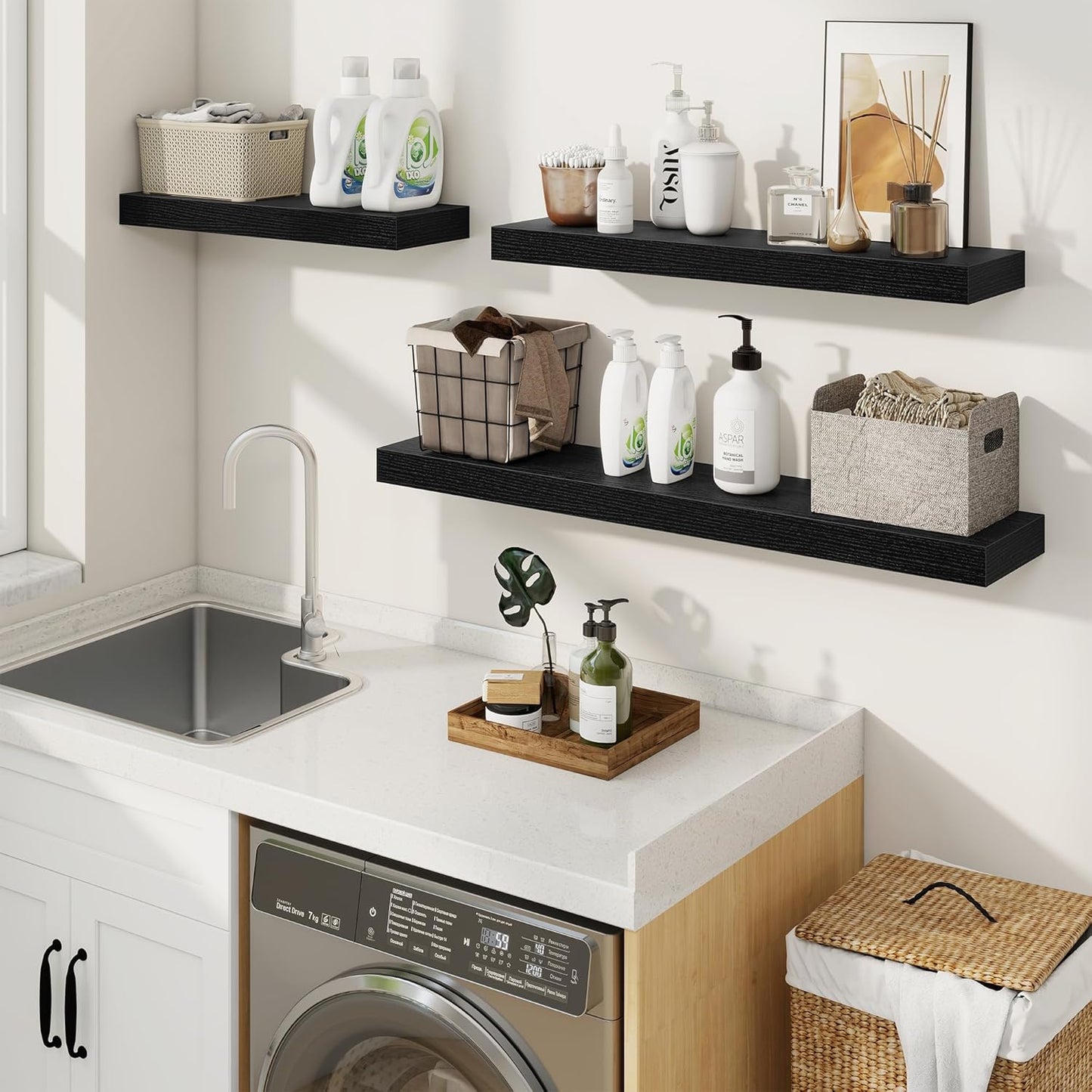 fuqing Floating Shelves for Wall, Bathroom Shelf Wall Mounted for Storage, Shelves with Invisible Bracket for Bedroom, Kitchen, Living Room, Farmhouse Small Book Shelf, 24 Inch Set of 2, Black