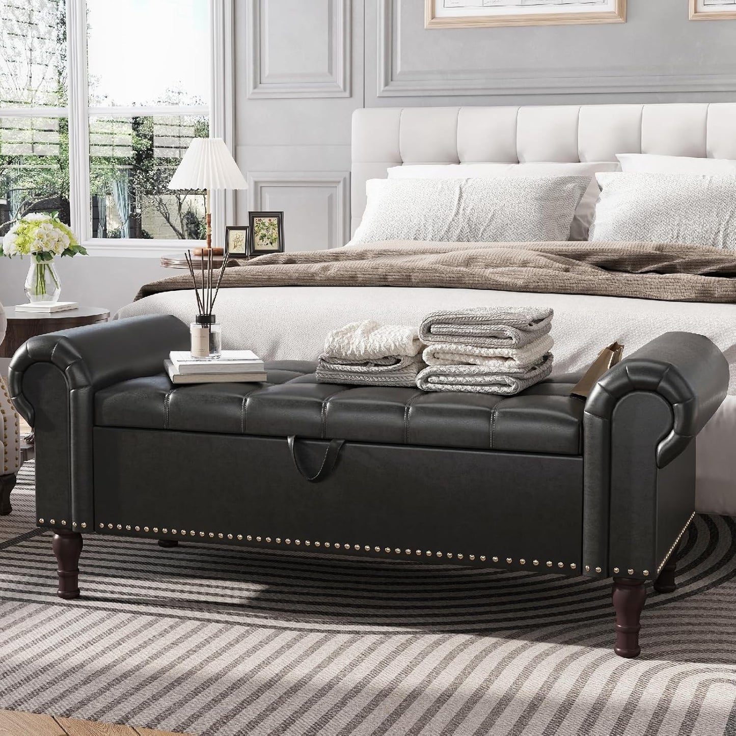 Apicizon 51”Storage Benches, Queen Size Faux Leather Bed Bench with Tufted Button, Upholstered Bench with Rolled Arm and Vintage Rivets for Foot of Bed, Living Room, Entrance，Black