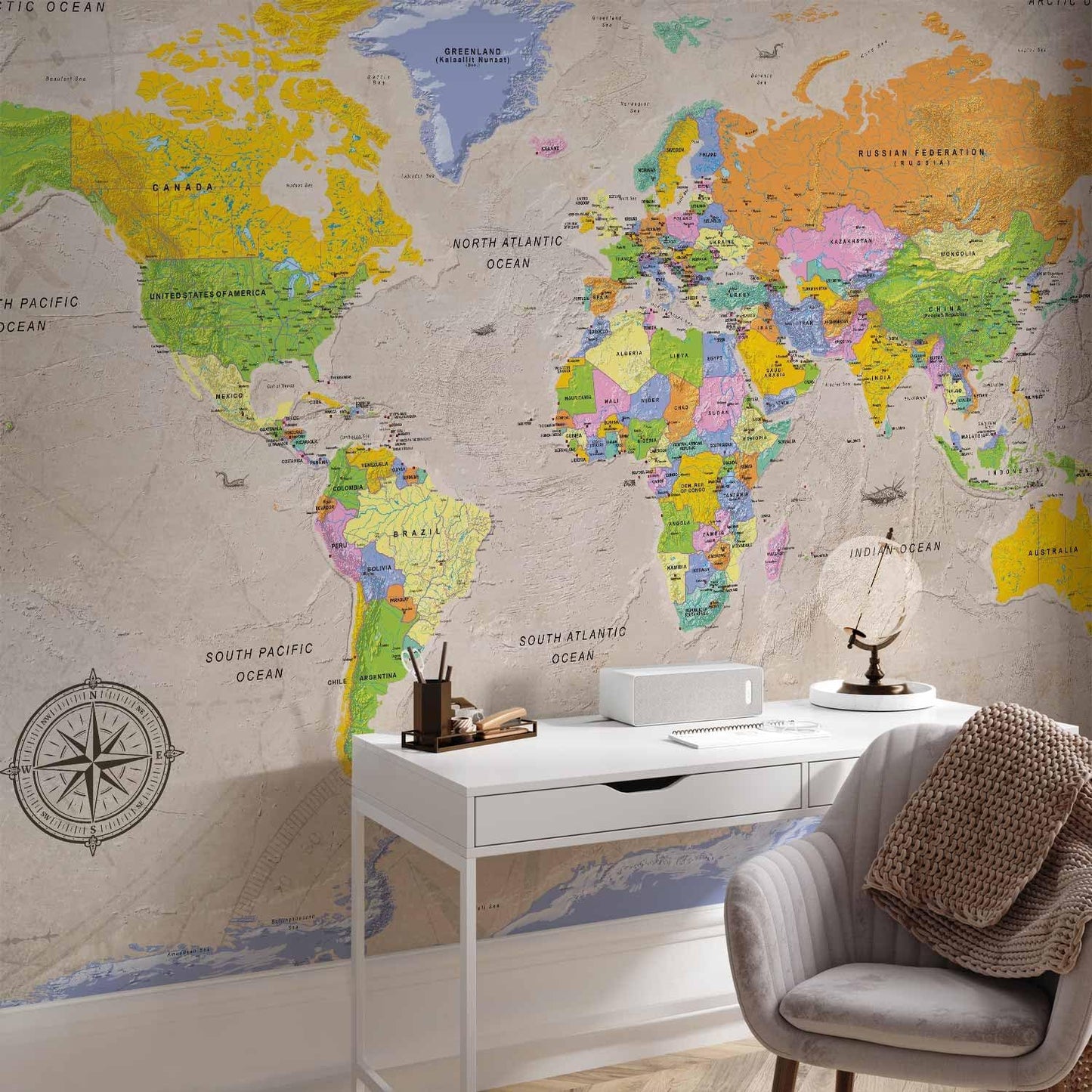 artgeist Premium Wall Mural World Map 157x110 in - XXL Non-Woven Wallpaper Fleece Wall Decor Photo Print Picture Image Design Home Map of The World k-A-0129-a-a