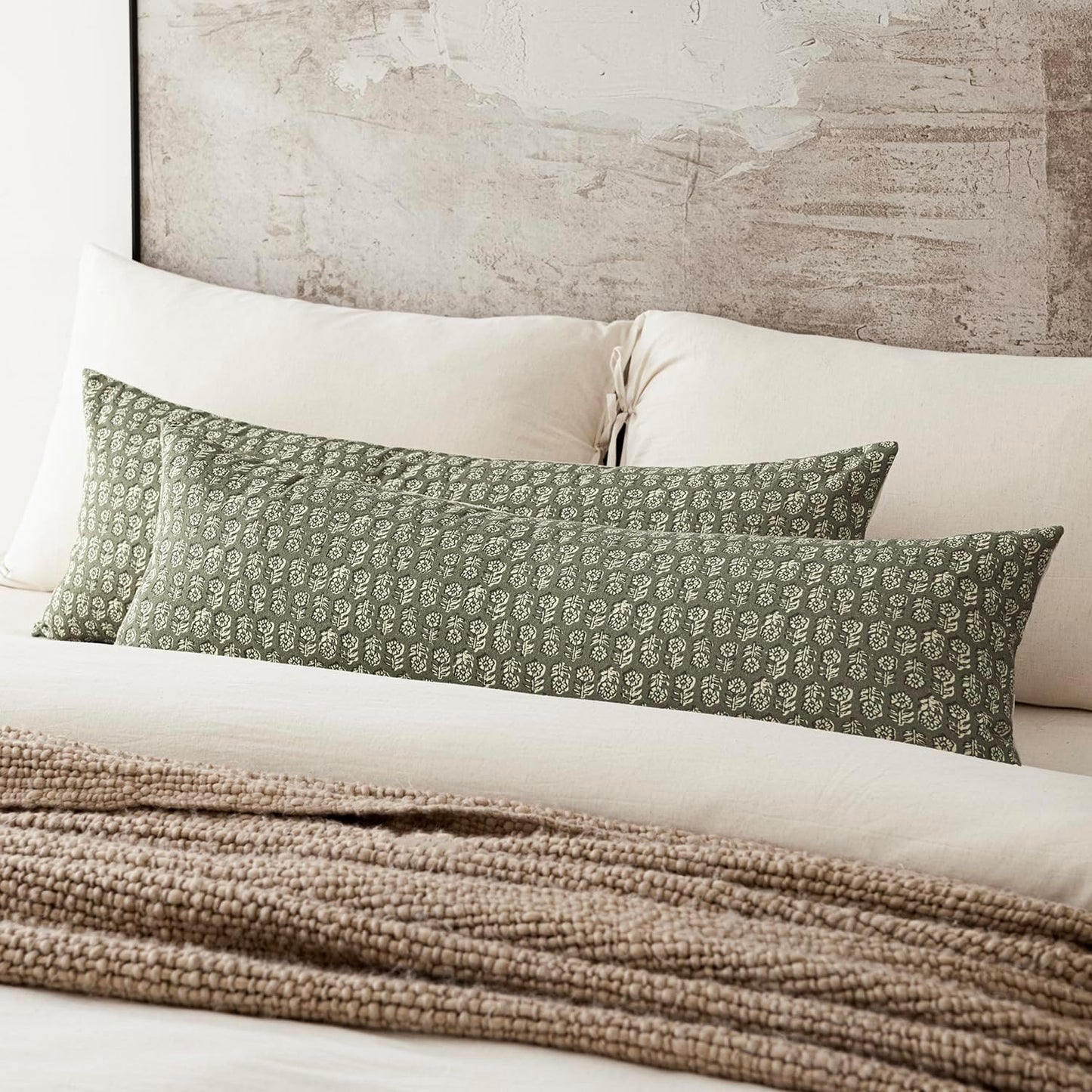 Foindtower Set of 2 Decorative Long Body Lumbar Throw Pillow Covers Neutral Modern Farmhouse Cushion Covers Vintage Home Decor for Sofa Couch Chair Bedroom Living Room Outdoor,14×36 Inch,Sage Green